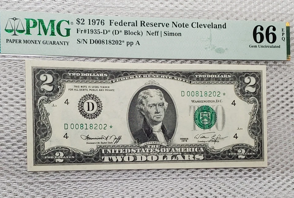 *Star* 1976 $2 Federal Reserve STAR Note Cleveland, OH PMG Gem Unc 66EPQ Nice  - Image 1 of 4
