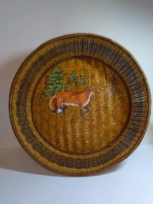 Cesta de té de arroz oriental vintage pintada a mano zorro árbol tejido cesta de ratán 14,75" Foto 1 de 4