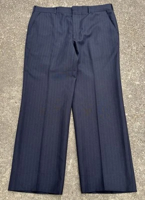 VTG Men’s Flat Front Pinstriped Navy Blue Suspender Dress Pants Talon Zip 36x29 - Image 1 of 4