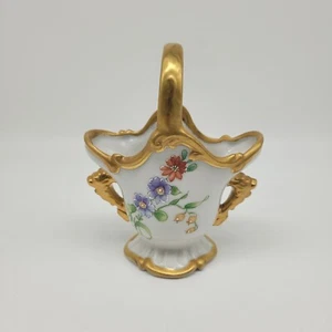 Vintage Porcelain Hand Painted Small Floral Basket Vase Planter 1991 Signed - Picture 1 of 6