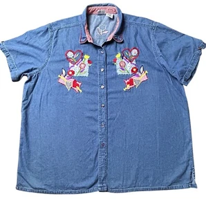 Vtg Denim Embroidered Womens Sz 26w/28w Button Up Top Hearts Flowers Patchwork - Picture 1 of 10