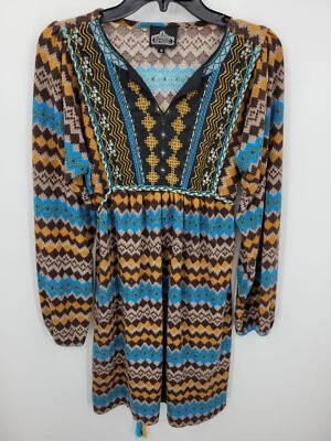 Vestido Angie Mujer Mediano Azul Marrón Azteca Suroeste Bordado Boho Cinturón Foto 1 de 4