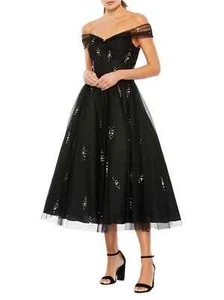 Vestido de cóctel Mac Duggal fuera del hombro negro adornado con perlas de tul talla 6 - Imagen 1 de 8