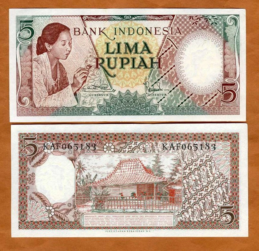 Indonesia, 5 rupias, ND (1958), P-55, UNC Mujer haciendo bordados Foto 1 de 1
