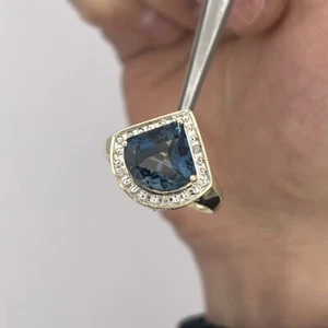 10k Yellow Gold Ladies Fancy Cut London Blue Topaz and Diamond Halo Ring Size 7 - Picture 1 of 6