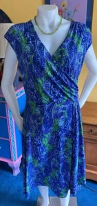 Women's Talbots Jersey Knit Faux Wrap Dress-M-EUC-Blue Floral Print-Wear to Work - Picture 1 of 8