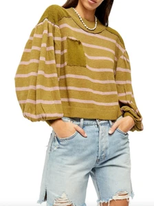 $108 NWT FREE PEOPLE SzXS BETWEEN THE LINES BALLON SLEEVE KNIT SWEATER FOREST  - Picture 1 of 4