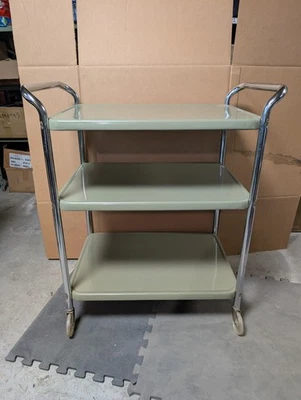 Vintage 3-Tier Metal Rolling Utility Cart Chrome Frame Mid Century Green - Image 1 of 4