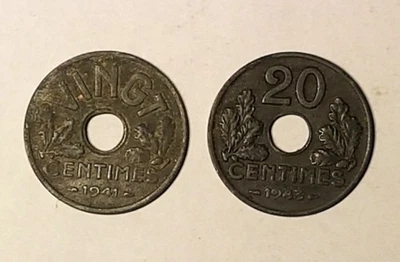 Lot 2 Coin France 20 centimes 1941 1943 zinc German Occupation - Image 1 of 2