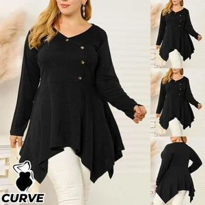 Plus Size Curvy Women V Neck Tunic Tops Ruffle Swing Long Sleeve T Shirt Blouse - Picture 1 of 15