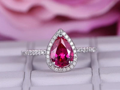 1.90 CT Pear Cut Natural Ruby Diamond & Wedding ring 14K Solid White Gold sizALL - Image 1 of 4