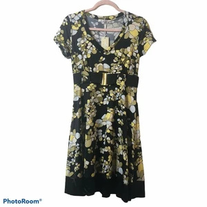 Lucy Paris Retro Fit & Flare Belted Dress Black w/ Yellow & Green Floral Medium - Picture 1 of 11