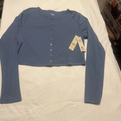 Womens Large Blue No Boundaries Button-Front Pointelle Cardigan w/Long Sleeves - Image 1 of 4