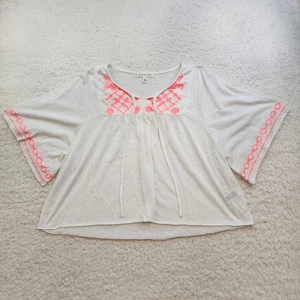 Aeropostale Tunic Boho Bell Sleeve Top L White Coral Embroidery Babydoll Vneck - Picture 1 of 9
