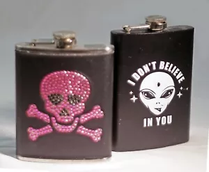 FLASKS 8 oz Blk Paint Smaller 7 oz Leather Stainless Steel UnBrands Lot of 2 - Picture 1 of 2