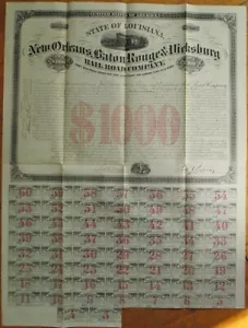 Certificato obbligazionario New Orleans, Baton Rouge & Vicksburg Railroad 1872 - LA/MS - Foto 1 di 2