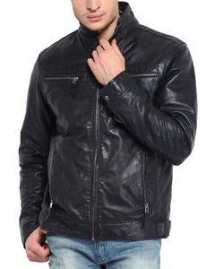 Herren Original Schwarz Leder Motorrad Jacke Lammfell Trendy Punk Jacke MJ44 - Bild 1 von 4