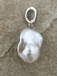 Large Solid 925 Sterling Silver Genuine Baroque Pearl Pendant - Picture 1 of 4