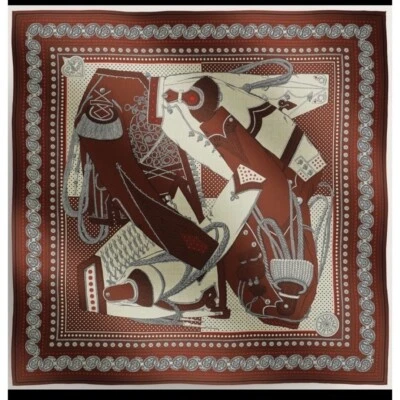 2023AW HERMES Carre 140 ZOUAVES ET DRAGONS BANDANA Maroon Natural Rouge Unused - Image 1 of 4