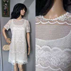 Vintage 1960s Crochet Lace Cocktail Dress Overlay Mini Wedding Mod 10 12 38 - Picture 1 of 9