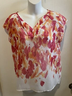 Liz Claiborne Petite Watercolor Blouse PS Pink/Red V-Neck See Thu - Image 1 of 4