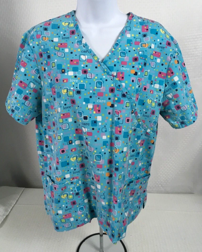 SB Scrub Women Scrub Top Size M Blue Pink White Black Squares Love Pockets Vneck - Image 1 of 4