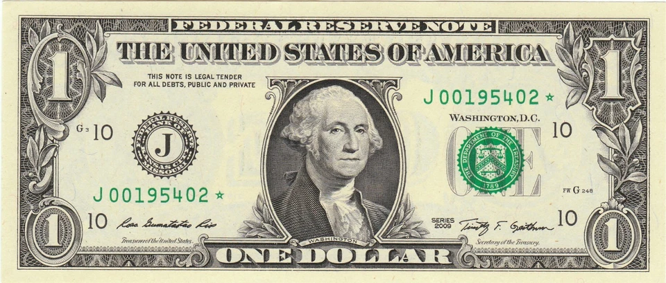 $1 2009 Short Run Star Note (640000)  Uncirulated CU  J00195402* - Image 1 of 1