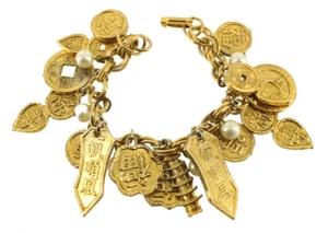 Vintage Chinese Charms & Pearls Gold Plated Dangle Drop Link Bracelet 7.25" Big! - Picture 1 of 3
