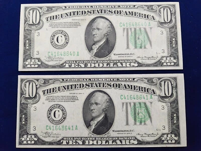 🌟(2) FR#2006 $10 1934-A Federal Reserve Note PHILADELPHIA SEQUENTIAL SERIAL UNC - Image 1 of 4