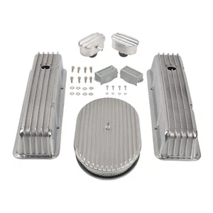 For SBC Chevy 58-86 Finned Tall Valve Cover &12'' Oval Air Cleaner &Breather Kit - Foto 1 di 13