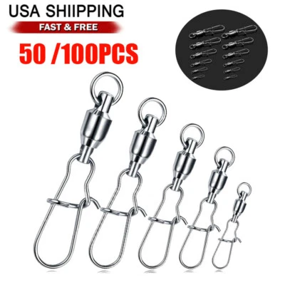 US Stainless Steel Ball Bearing Swivels Fishing Tackle Snap Ring Snaps 50/100pcs - Image 1 of 4