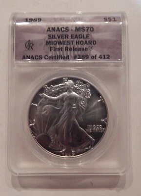 1989 P Midwest Hoard American Silver Eagle ASE ANACS MS 70 1st Release #389/412 - Image 1 of 2