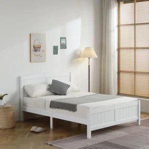 Heavy Duty Full Size Bed Frame Wood Platform With Wooden Headboard - Picture 1 of 8