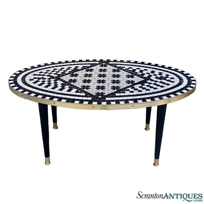 Mid-Century Modern Tile Top Black & White Mosaic Oval Coffee Table - Image 1 of 4