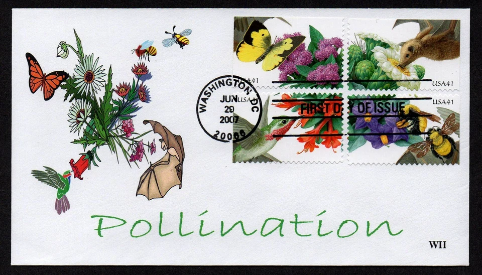 USA, SCOTT # 4153-4156, ILLUSTRATED WII FDC COVER OF YEAR 2007 POLLINATION, BEES - Image 1 of 1