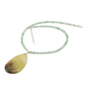 Green Aventurine Beaded Necklace Large Flat Yellow Agate Pendant Gemstone Boho - Picture 1 of 21