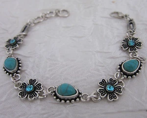 BRACELET TURQUOISE TIBET SILVER FLOWER SET BLUE CRYSTALS NEW  - Picture 1 of 6