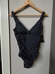 TRIMSHAPER Swimsuit One Piece Size 12 Black Polka Dot Ruched Slimming NWT Shape - Picture 1 of 8