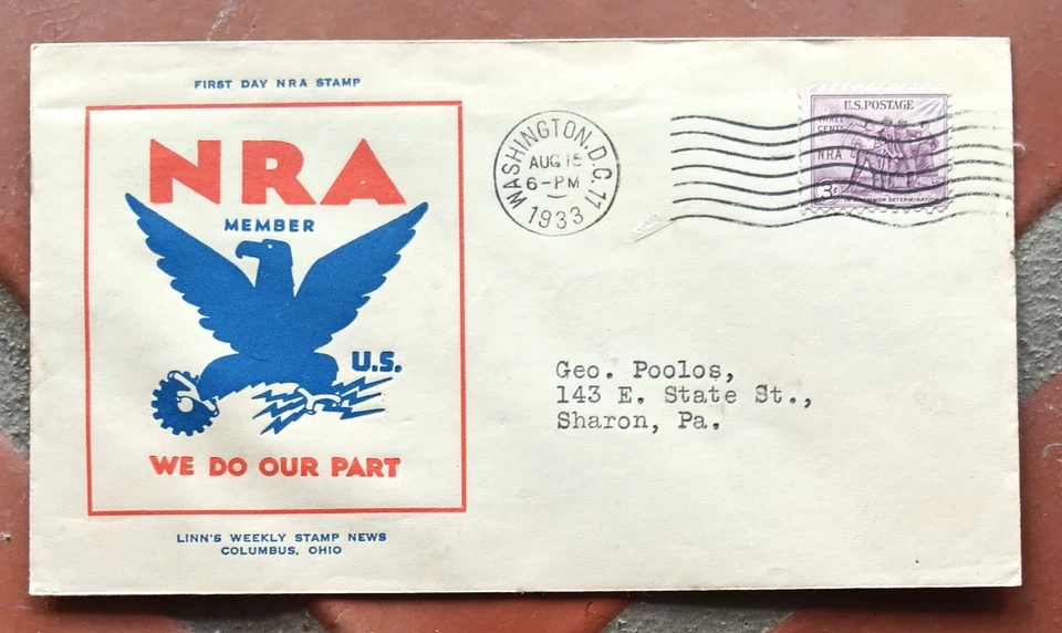 1933 NRA NATIONAL RECOVERY ACT BALD EAGLE LINN'S STAMP NEWS CACHET #M-2 FDC #732 - Image 1 of 1