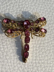 VTG Czechoslovakia Signed Dragon Fly Rhinestone Brooch Pin Pink Stones Filigree - Picture 1 of 9