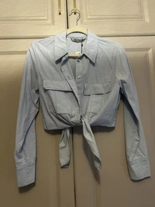 Zara Baby Blue c ropped Tie Up Long Sleeve Utility Shirt Size Medium - Picture 1 of 4