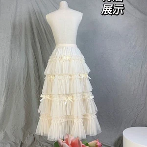 Falda japonesa de tul con lazo para mujer Faldas de malla de cintura alta Falda larga plisada - Imagen 1 de 8