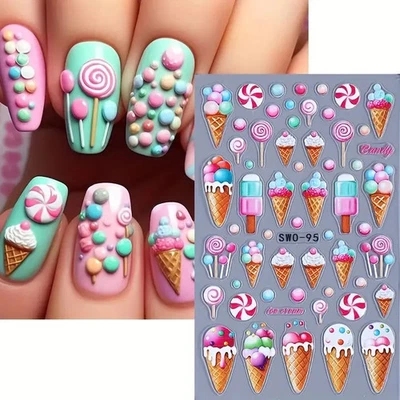 Nail Art Stickers Decals 5D Ice Cream Lollipop Candy Cute Pastel Sweet Design