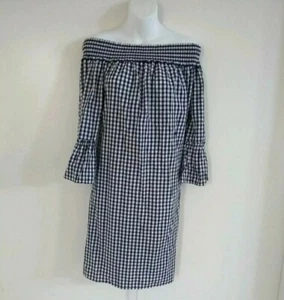 Charter Club Women's Gingham Off-Shoulder Tie Back Navy Blue White Dress Medium - Picture 1 of 12