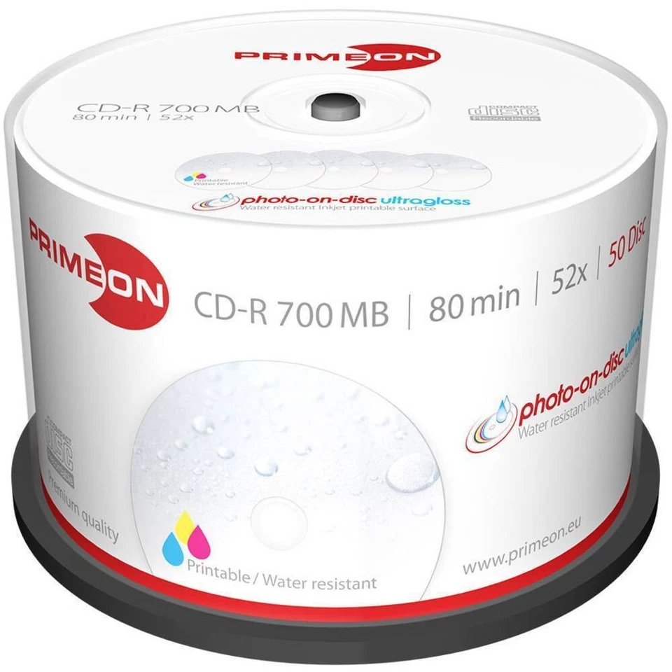 100 PRIMEON CD-R photo on disc ultragloss glossy full Printable 700Mb 80Min 52x- - Bild 1 von 4