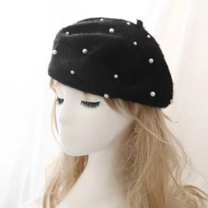 Women Rabbit Plush Beret Hat Pearl Beaded Knitted Beanie Cap Japanese Warm - Picture 1 of 14