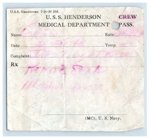 USS Henderson 1939 tripulación departamento médico pase Segunda Guerra Mundial Marina de los Estados Unidos P61 - Imagen 1 de 2