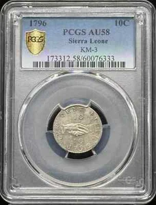 1796 SIERRA LEONE Copper 10 CENTS PCGS AU-58 KM-3 Silver - Picture 1 of 3