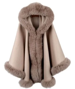 Women's Brand New Camel Beige Tan Cashmere Wool Wrap Cape Fox Fur HOOD! Sale - Picture 1 of 6