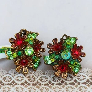Michal Negrin Clip Earrings Red Green Flowers Cluster & Swarovski Crystals Gift - Picture 1 of 12
